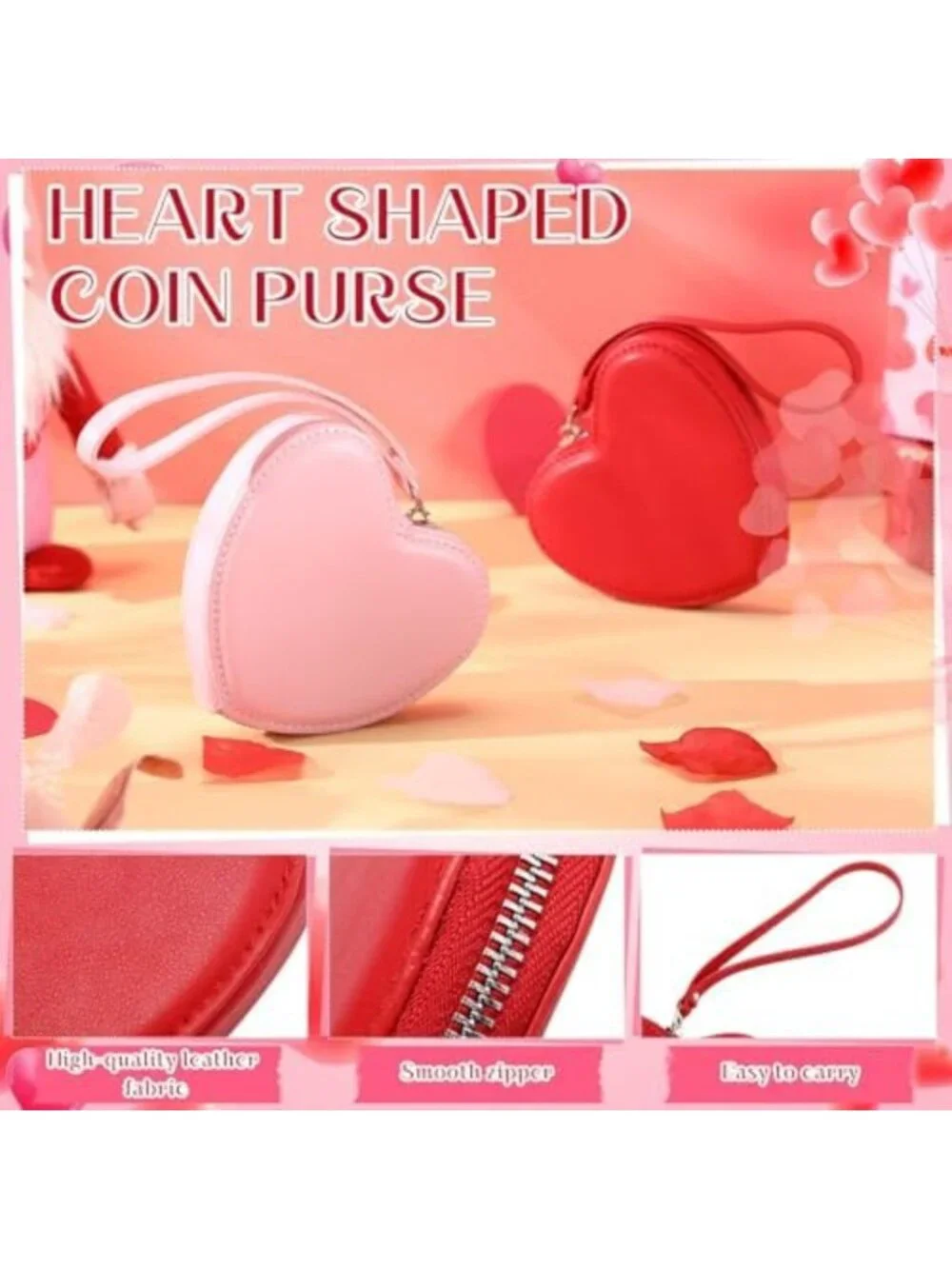 Heart Shaped Coin Purse Set - Cute PU Leather Pouches in Pink & Red, 2 Pcs